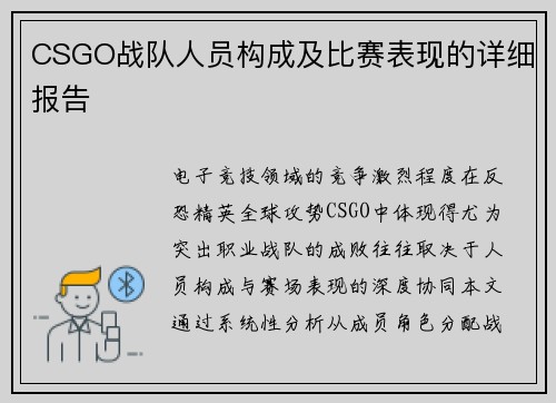 CSGO战队人员构成及比赛表现的详细报告