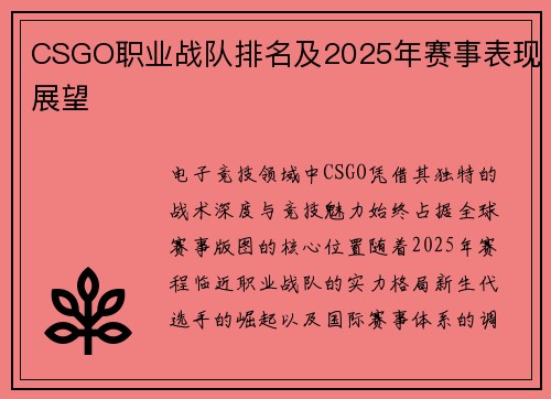 CSGO职业战队排名及2025年赛事表现展望