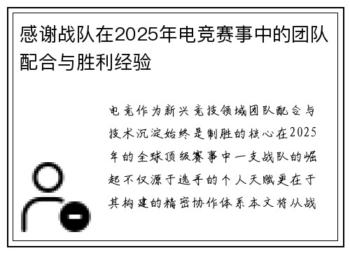 感谢战队在2025年电竞赛事中的团队配合与胜利经验