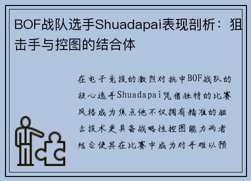 BOF战队选手Shuadapai表现剖析：狙击手与控图的结合体